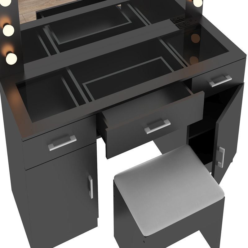 Grand ensemble de coiffeuse avec lumières, USB et prise de courant, 3 tiroirs, Noir, noir, noir, noir