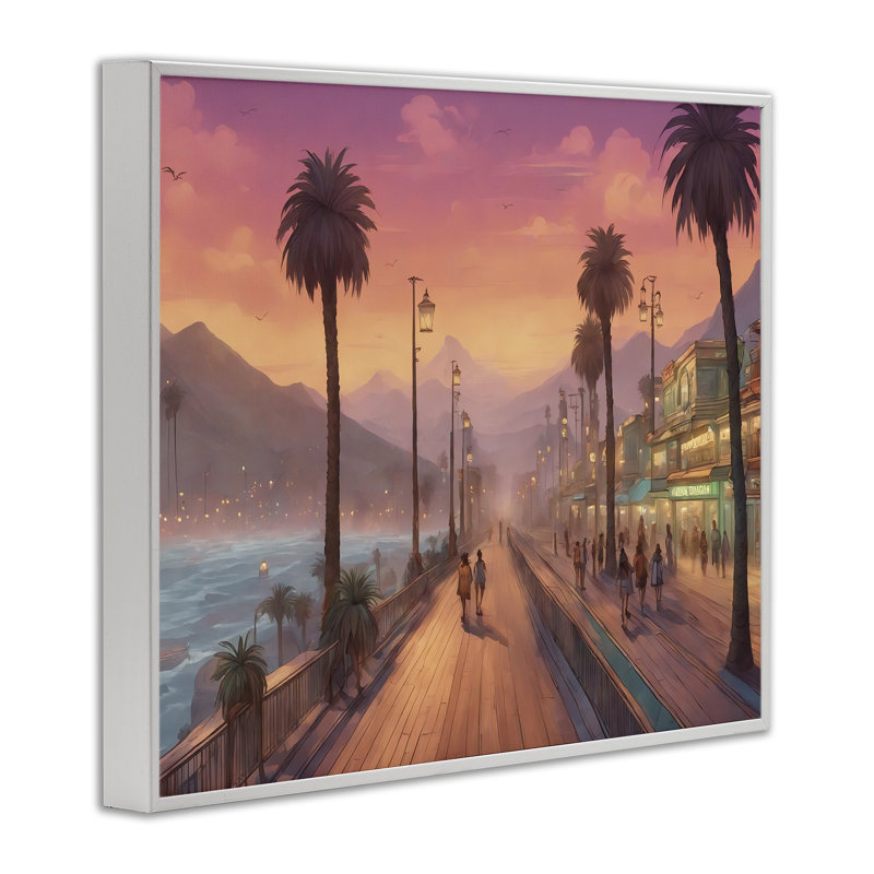 «Busy Tropical Boardwalk», art de la giclée encadrée par Noah Bay, Estampe numérique encadrée blanc bord de mer