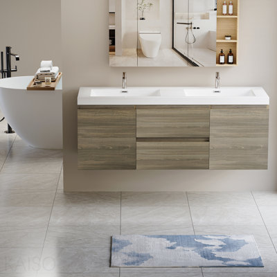 Meuble-lavabo flottant de 60 po avec lavabo, meuble de rangement mural avec lavabo à surface solide, deux lavabos et tiroirs à fermeture en douceur entièrement assemblés, gris cendré