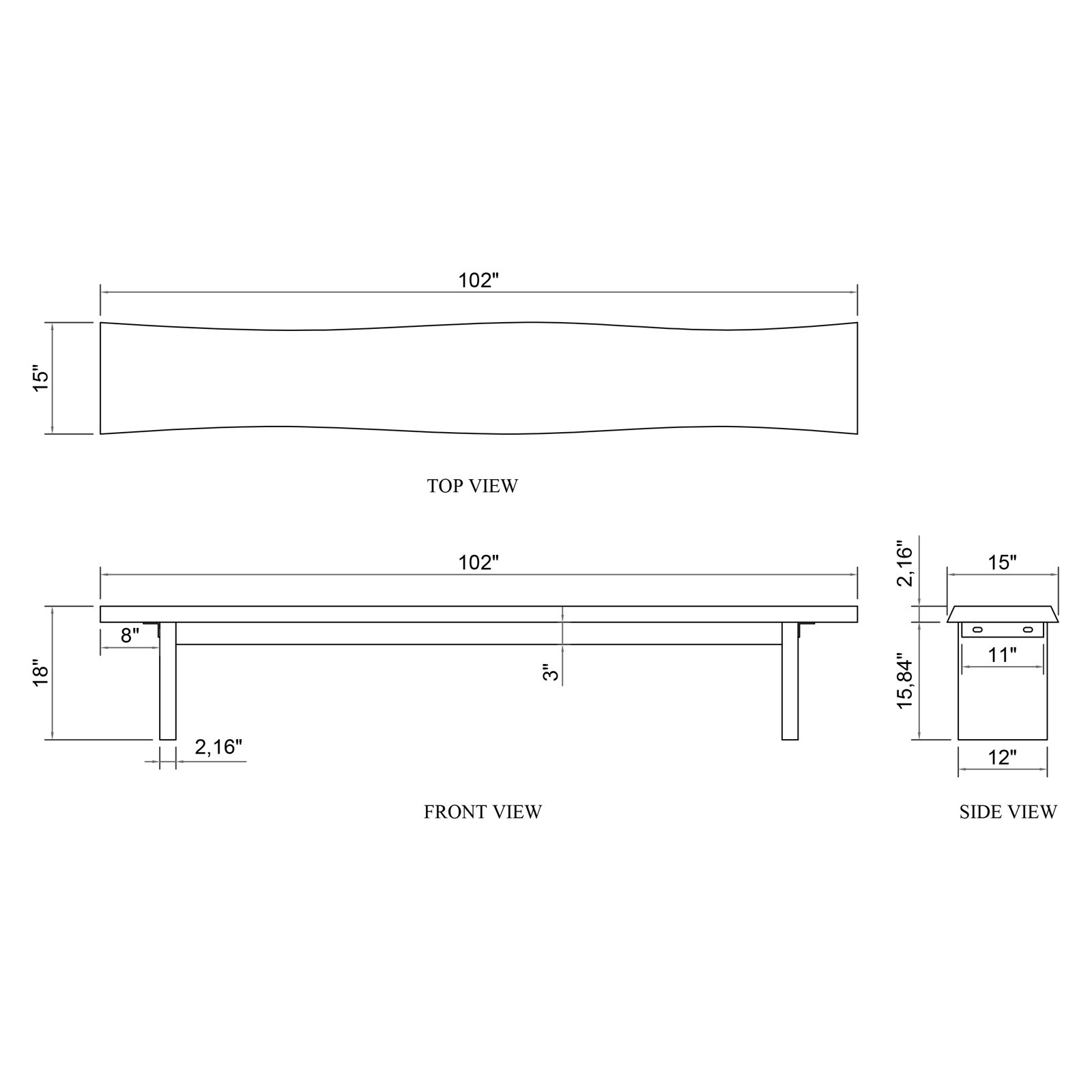 Colin Kentley Bench, Americano, 18" H x 102" W x 15" D