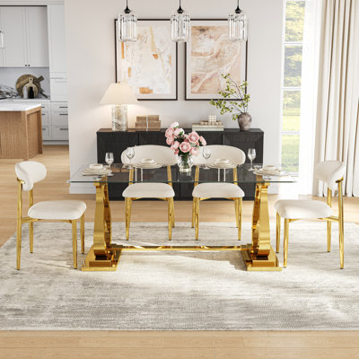 5-Piece Modern Rectangular Dining Table Set, 69" Tempered Glass Dining Table, Modern Fabric Upholstered Dining Chairs