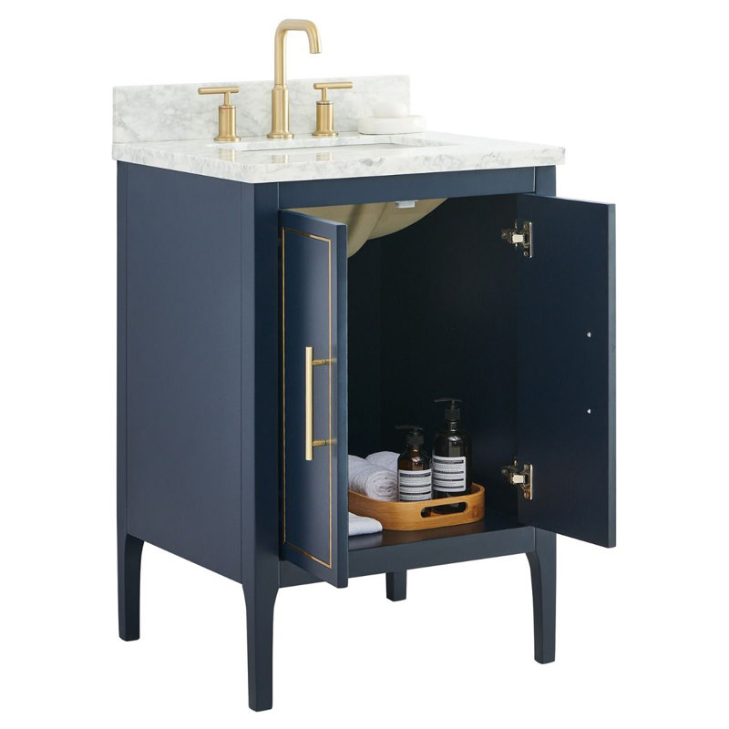 24'' Free-standing Single Bathroom Vanity with Carrara Marble Vanity Top, Navy