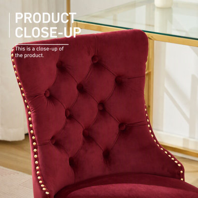 Modern Velvet Upholstered Tufted Button Home Office Chair with Golden Metal Base, Adjustable Desk Chair Swivel Office Chair (Wine Red)