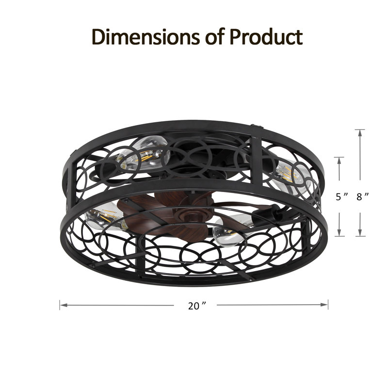 20" Caged Ceiling Fan With Lights And Remote, Flush Mount Low Profile Bladeless Ceiling Fan, 6-speed Reversible Motor, Industrial Farmhouse Fandelier For Bedroom, Kitchen, Living Room - Black（no Bulbs）