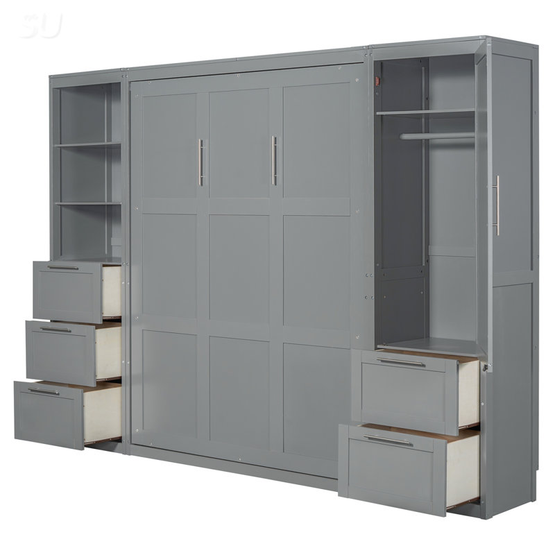 Grand lit escamotable mural avec placard, tiroirs et tablettes, grand lit gris (OLD SKU: LP000865AAE)