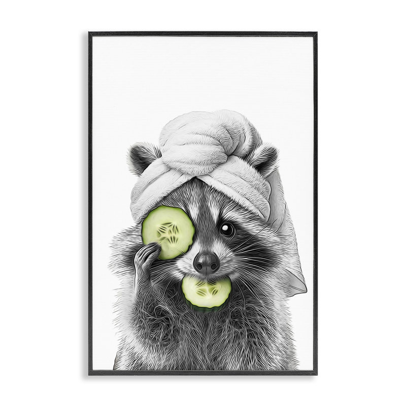 «Raccoon Spa Day», estampe numérique par Annalisa Latella, H 18 po x l 12 po, Giclée encadrée noir minuit
