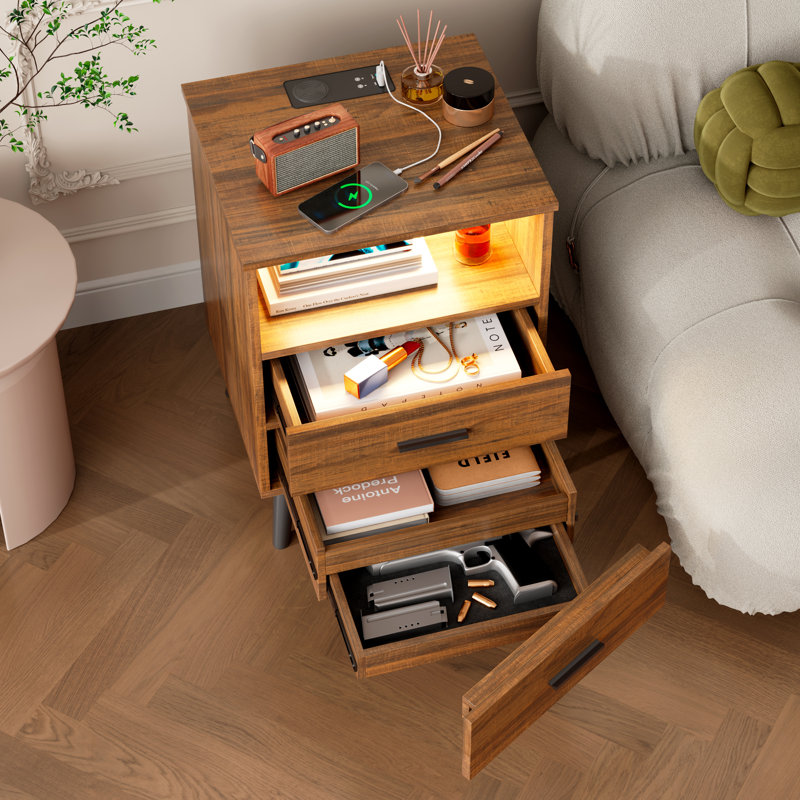 Table de chevet 25,6 po avec tiroir caché, table de chevet avec station de charge et lumières à capteur, Brun