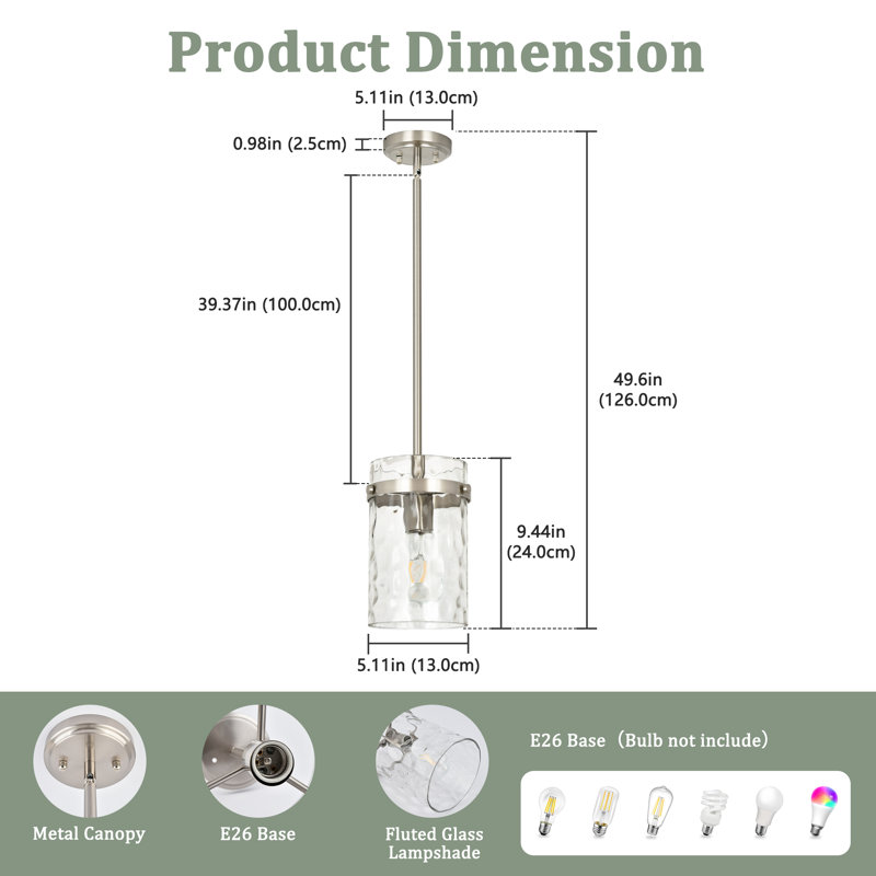 1-Light 5.1"W Medium Glass Pendant Light for Over Sink, Clear, Brushed Nickel