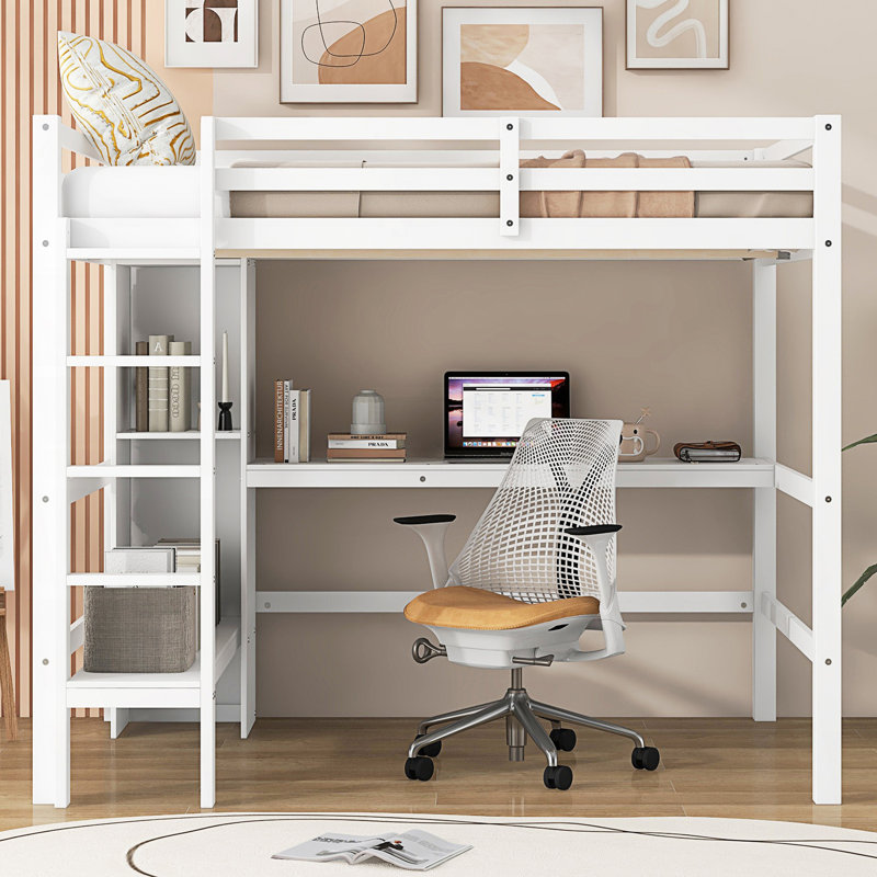 Lit mezzanine double avec tablettes multifonctionnelles et bureau sous le lit, Blanc
