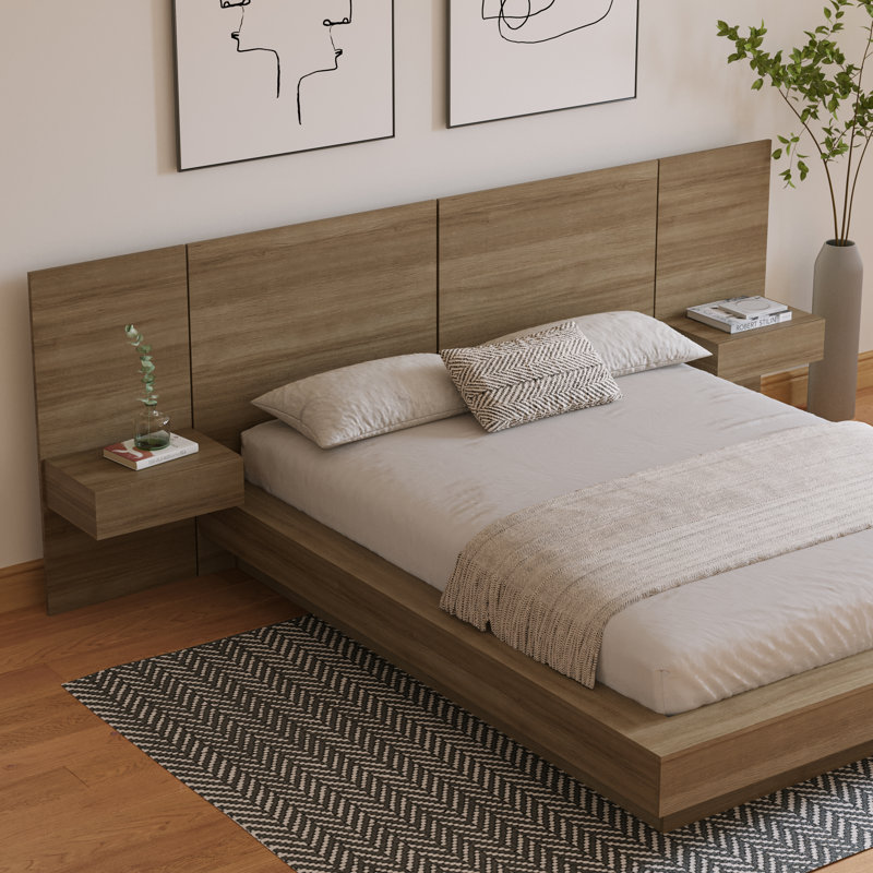 Ensemble de chambre à coucher 3 pièces avec lit et 2 tables de chevet flottantes Kaenen, Brun, Grand