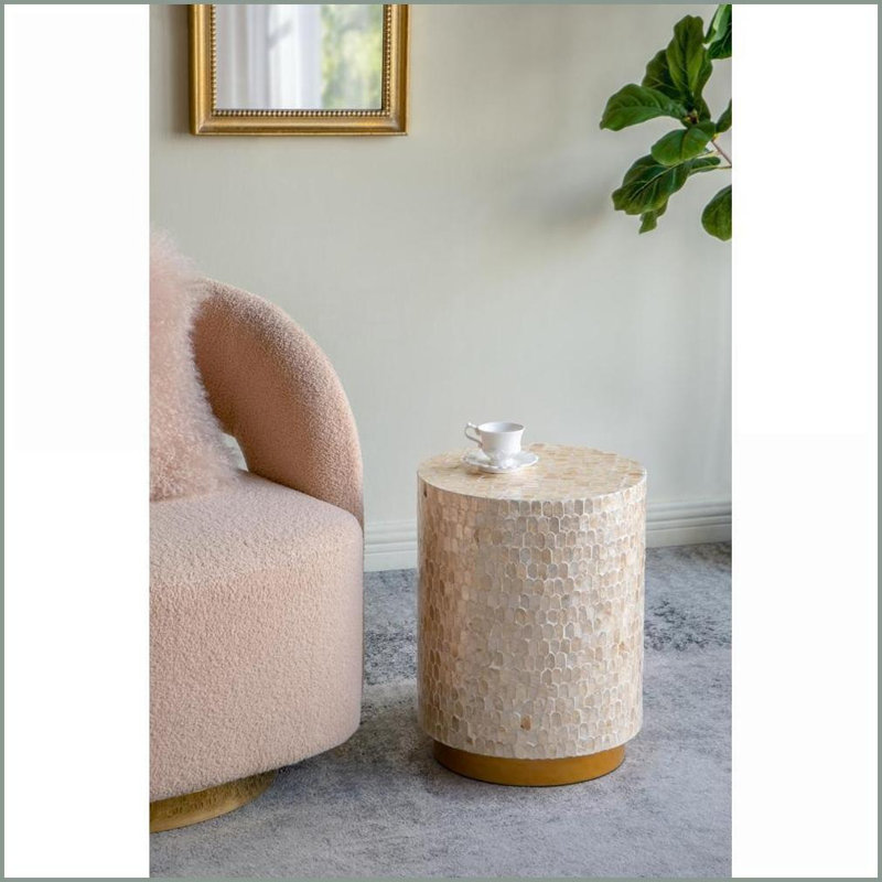 Tabouret d'appoint cylindrique avec or Finition noire de la coquille de Capiz | Or | Panneau de fibres à densité moyenne