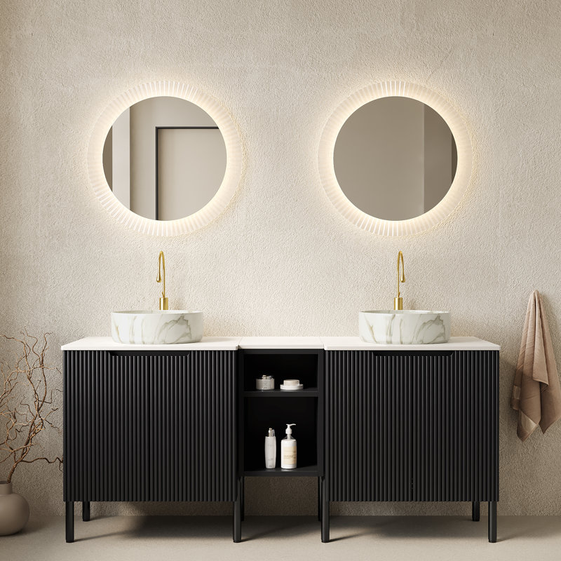 Meuble-lavabo double autoportant 60 po avec lavabo 60 po, 2 armoires de rangement rayées 24 po + tablette ouverte amovible 12 po, 2 vasques rondes blanches en pierre avec comptoir Carrara blanc