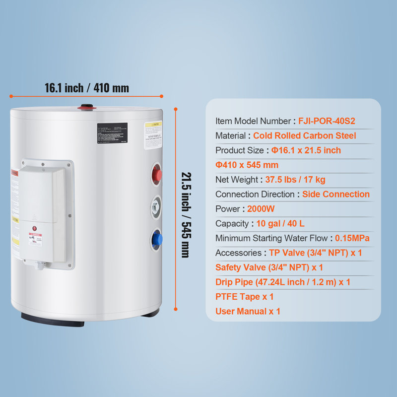 Chauffe-eau électrique avec affichage à DEL 1,6 kW instantané pour douche, 10 gallons