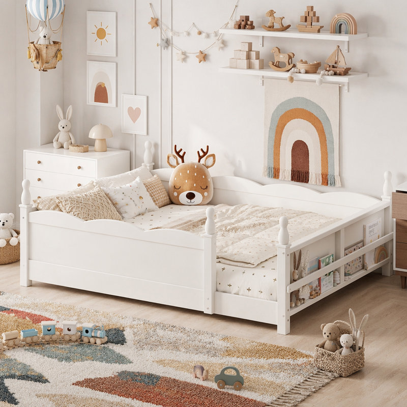 Lit double Montessori avec garde-corps et bibliothèque, Double, Beige