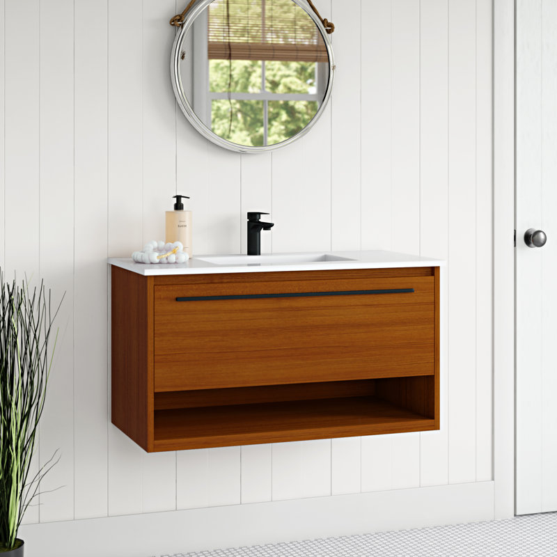 Meuble-lavabo simple 36 po avec plateau en marbre Roman, Teck
