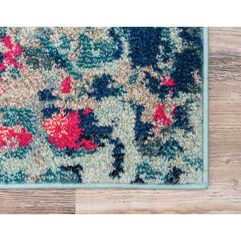 Tapis bleu à motif géométrique Meadow, Rectangle 7 pi x 10 pi