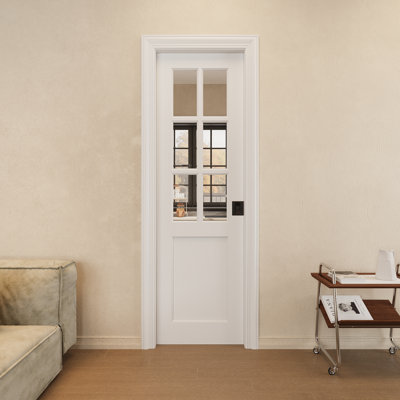 24" x 96" 6-Lite Clear Glass Pocket Door with Black Lock, Clear Tempered Safety Glass Door Slab, Paintable & Waterproof, Suit for Closet, Pantry Doors, Bedroom Doors