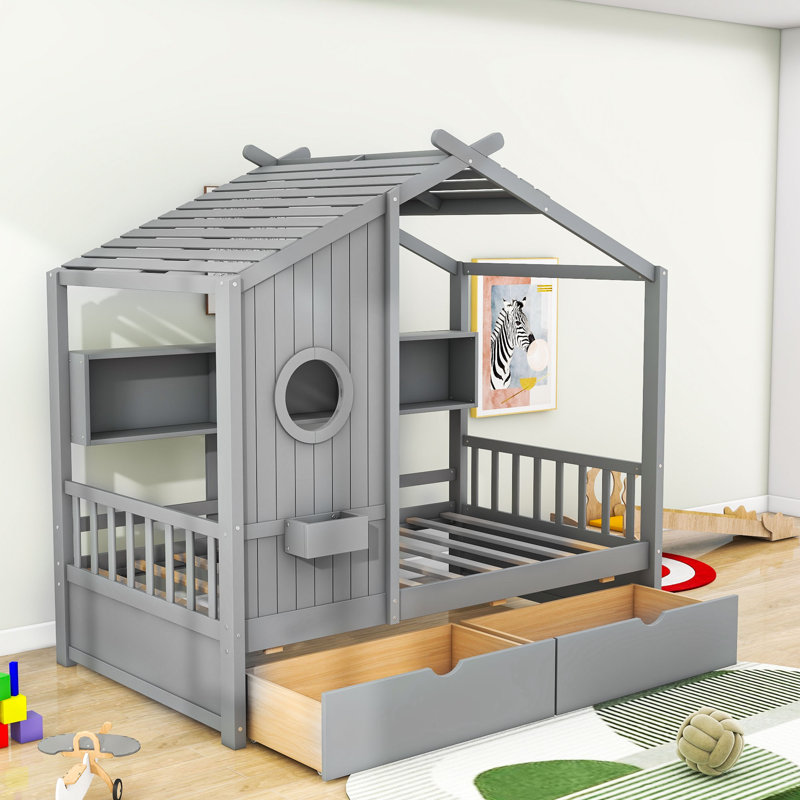 Letha Two Drawers Wood Daybed with Storage Shelves, Gray, Twin