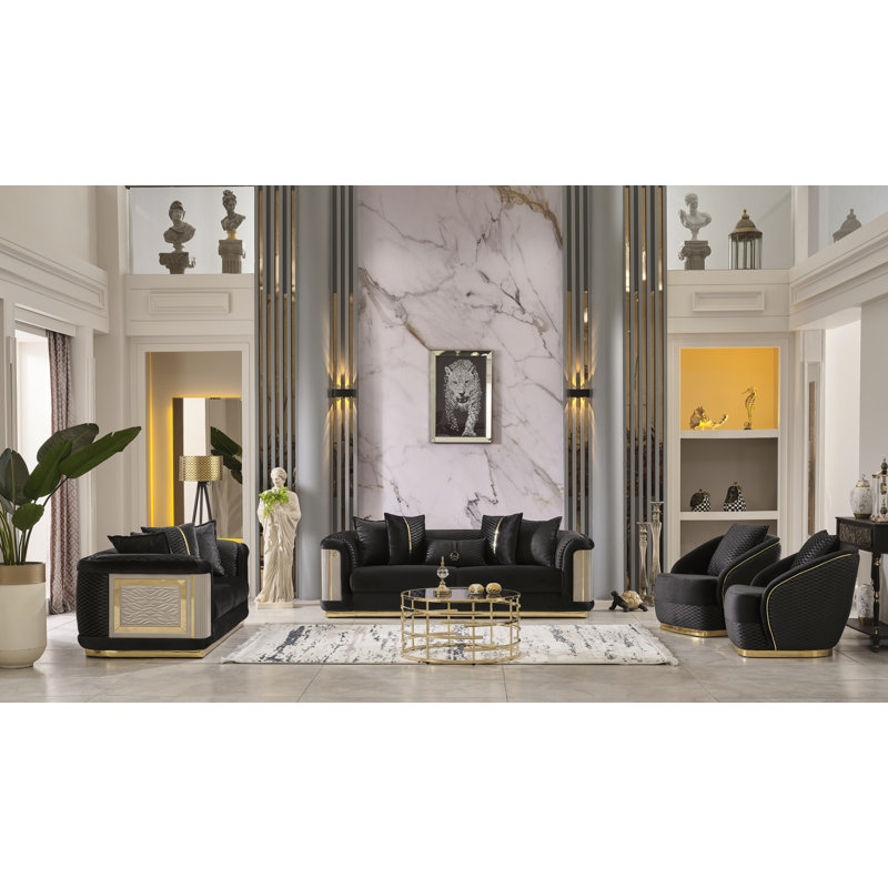 Eude 4 - Piece Velvet Living Room Set, Black Velvet