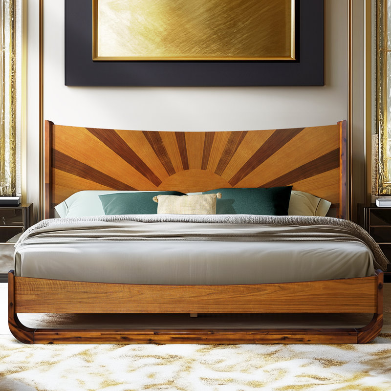 Sunset Solid Wood Bed Frame Solid Wood Bed Frame with Artistic Patterned Headboard, Mid-Century Art Deco Design, Caramel