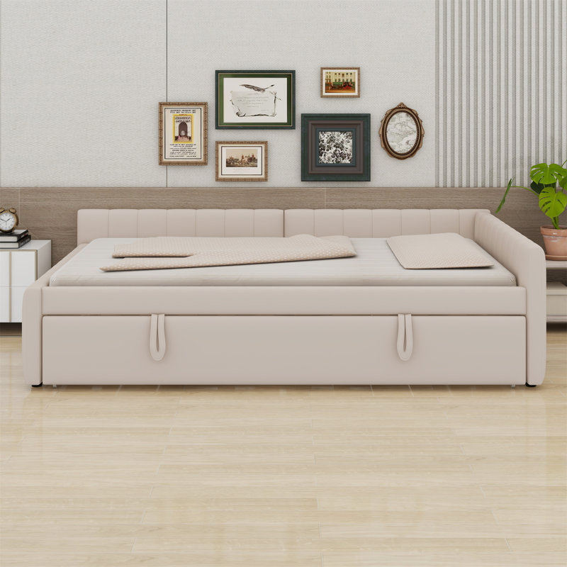 Lit de jour rembourré en L avec lit gigogne escamotable, Beige