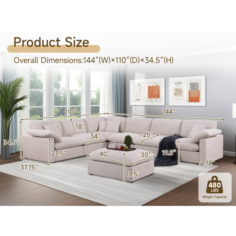 Modular Sectional Sofa, Oversized Cloud Couch With Deep Seats, Soft Fabric Cushions, Beige Fabric, 30" H x 142" W x 108" D 