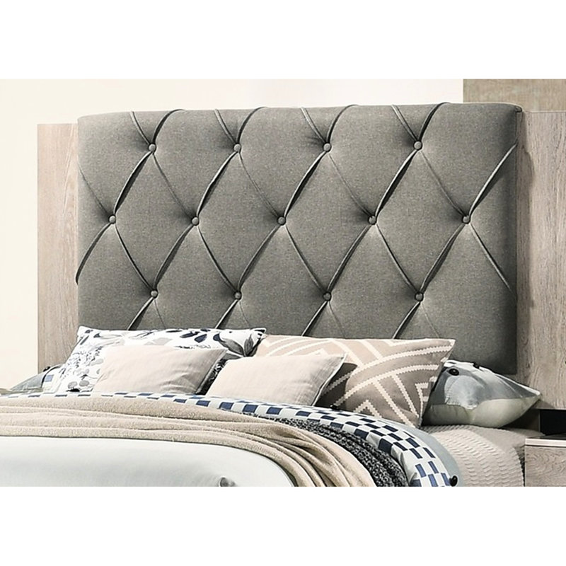 Contemporary Bedroom Queen Bed, Cream Finish, Headboard In Gray, Robust Rubberwood Modern Color With Gray, Cream/Gray