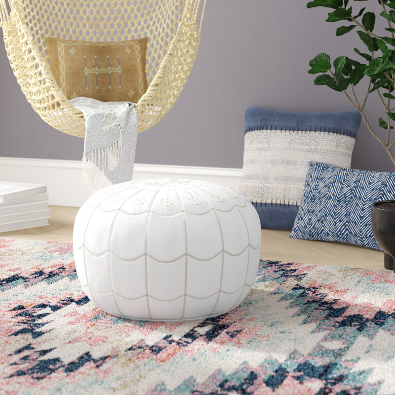 Leather Pouf, White Genuine Leather