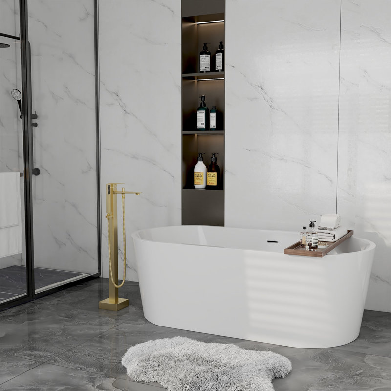Single Handle Floor Mounted Freestanding Tub Filler with Diverter, Brushed Gold