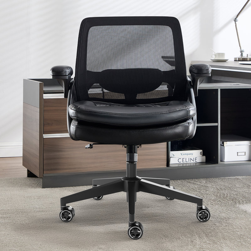 Mid-Back Mesh & Faux Leather Office Chair, Ergonomic Swivel Task Chair with Adjustable Height, Padded Armrests and Lumbar Support for Home Office
