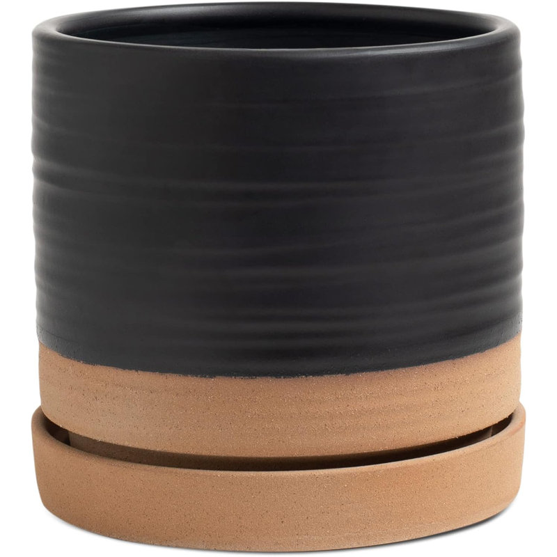 Jardinière en céramique 6 "avec drainage et soucoupe noir mat et brun