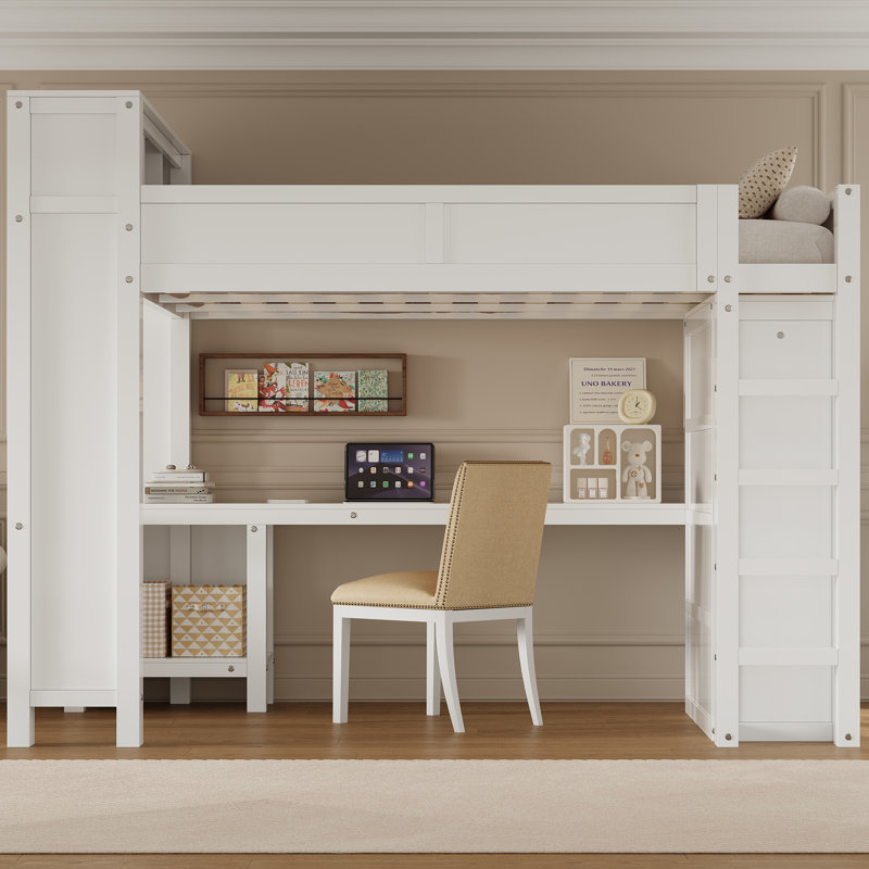 Wooden Loft Bed with Wardrobe, Desk, Headboard Storage and USB Charging for Bedroom, White