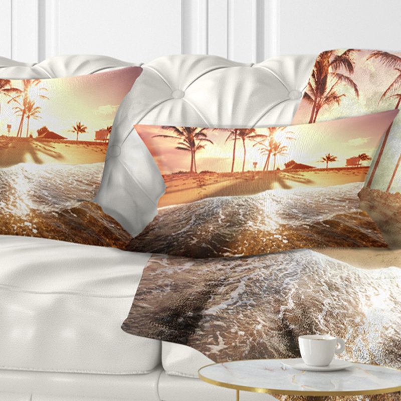 Coussin lombaire à couleur de plage tropical avec palmier, Rectangle 12" x 20"