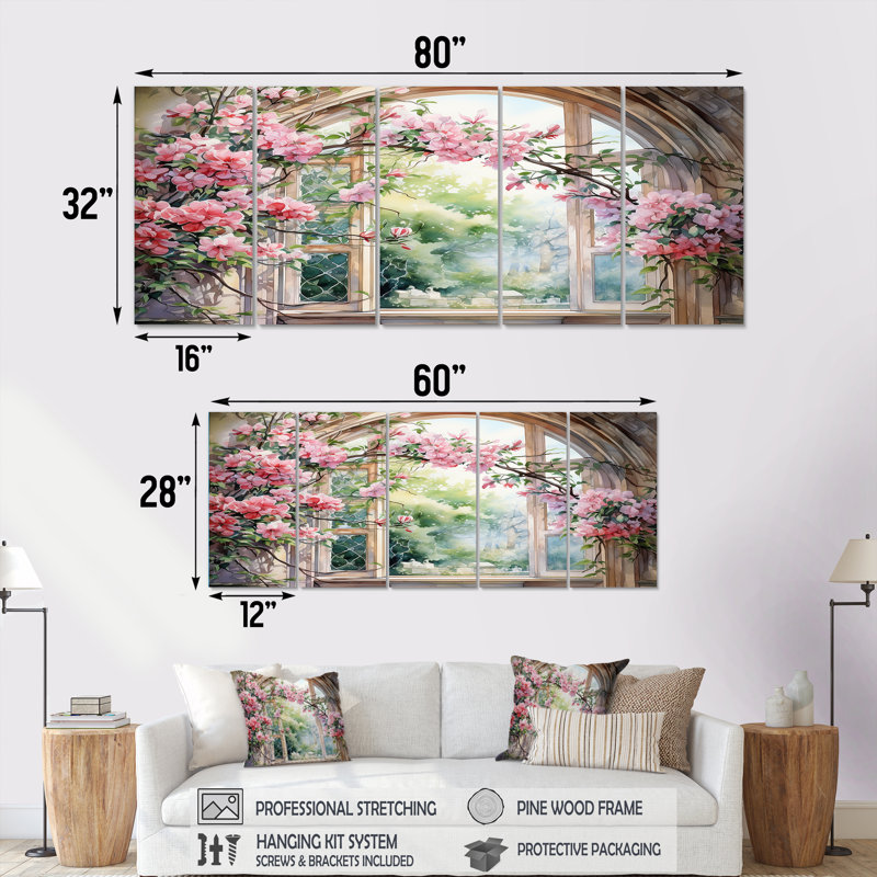 «Pink Blossoming Country Window Gaze IV», art mural 5 pièces pour salon, H 28 po x l 60 po