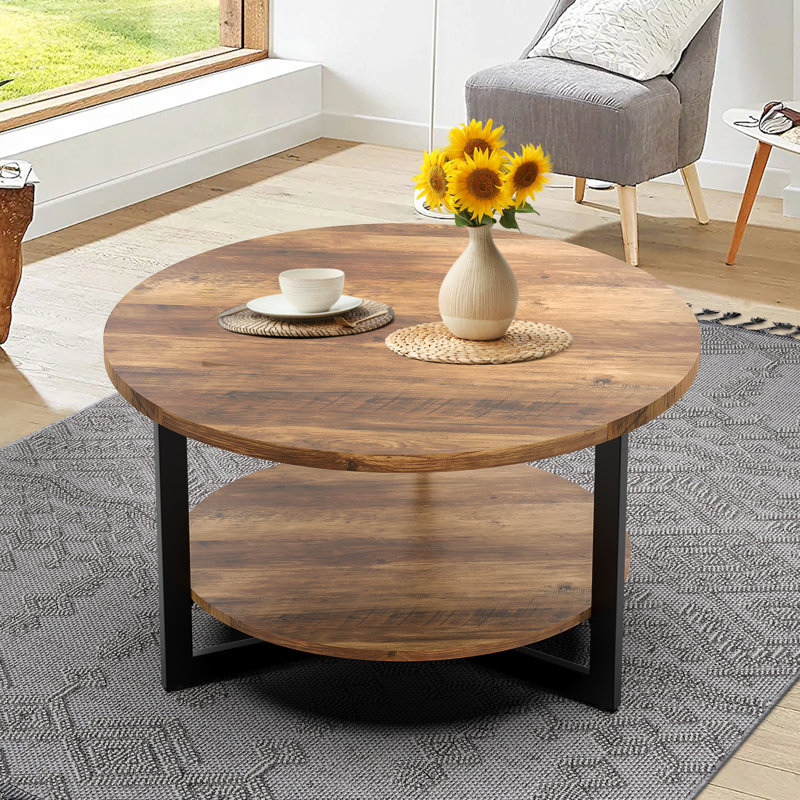 Caeron Round Coffee Table with 2-Tier Storage