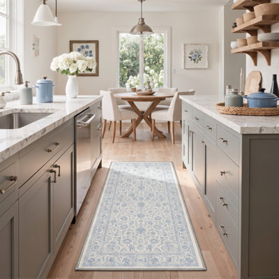 Machine Washable Oriental Ivory / Blue Hallway Runner With Non-Slip Backing