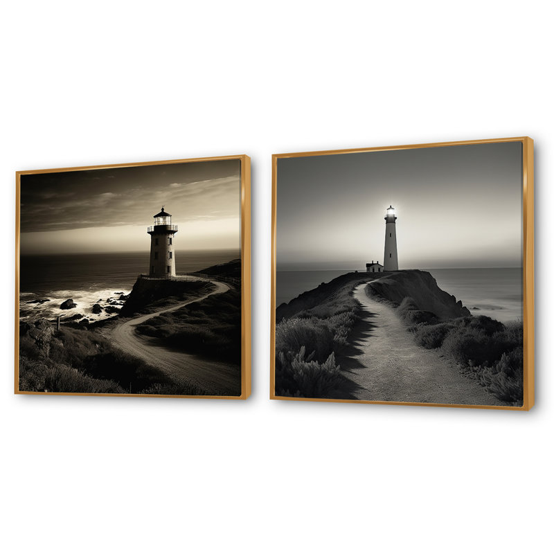 Phare noir et blanc Panorama, 16" H x 33" W, Cadre flottant doré