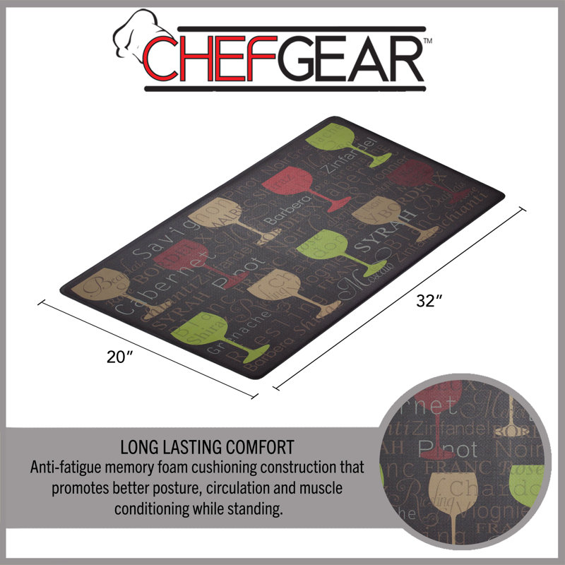 Wine Glasses Design Faux Leather Anti-Fatigue Kitchen Mat