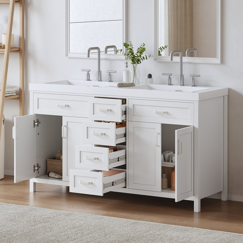 Meuble-lavabo double lavabo de 150 cm avec dessus de lavabo en résine, poignées en métal argenté, portes et tiroirs à fermeture amortie, 4 tiroirs centraux et 2 armoires à double porte.