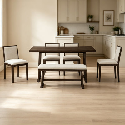 Ensemble de table de salle à manger de style rustique 6 pièces avec motif brossé, table de salle à manger rectangulaire avec pieds trapézoïdaux, 4 chaises rembourrées en lin et 1 banc rembourré pour la salle à manger et la cuisine