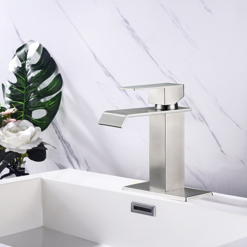 Stainless Steel Bathroom Faucet Featuring Waterfall Spout And Single Handle Operation Modern With Design, Nickel