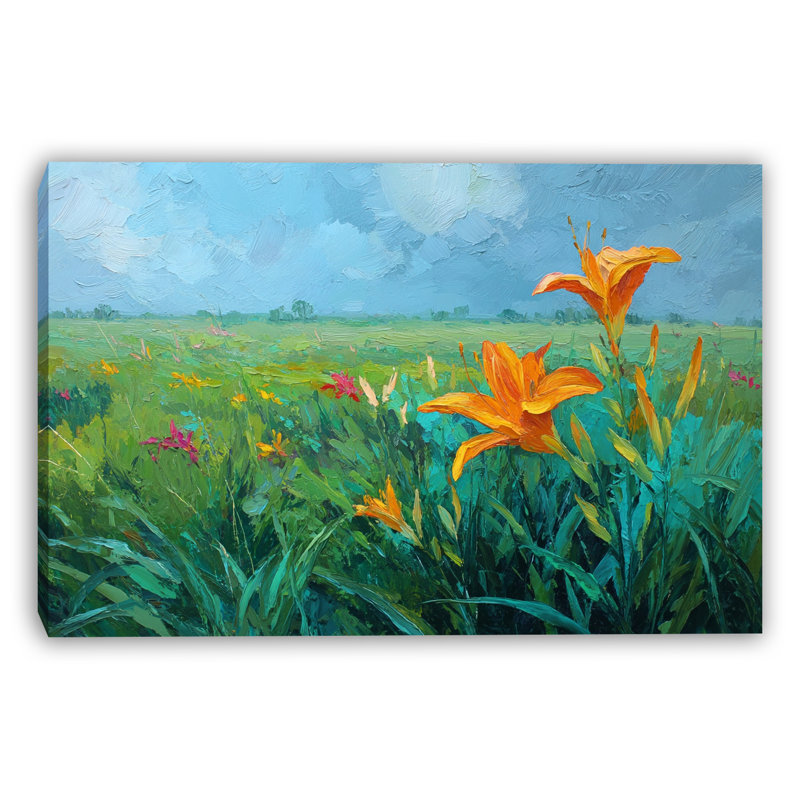 «Orange Lily Meadow Landscape», art mural sur toile tendue, 40"W x 30"H x 1.5"D
