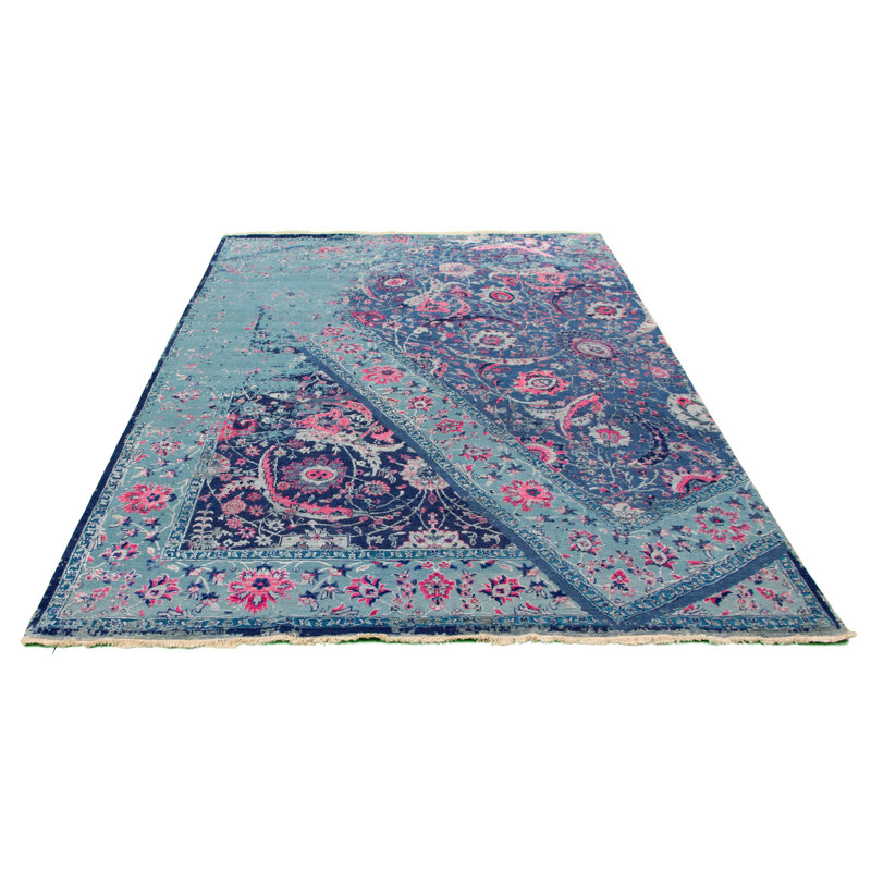 Tapis décoratif bleu marine en laine de conception unique 8 pi x 10 pi 2 po noué à la main New Age