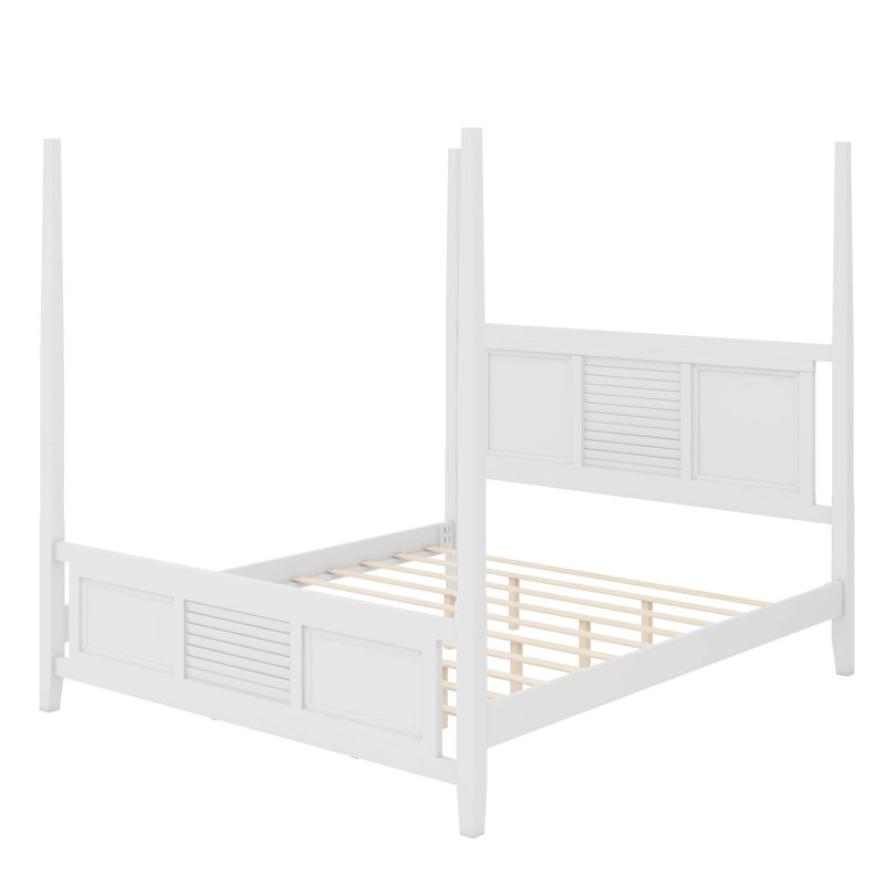Lit à baldaquin en bois massif Timeless avec grille horizontale raffinée, Blanc, King