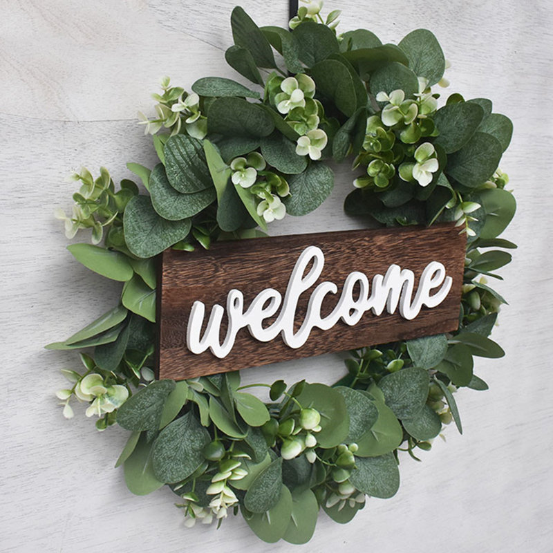 Couronne de porte d'entrée 1 pièce, couronne de feuilles d'eucalyptus 11,8 po avec panneau de bienvenue, décoration intérieure intérieure porche