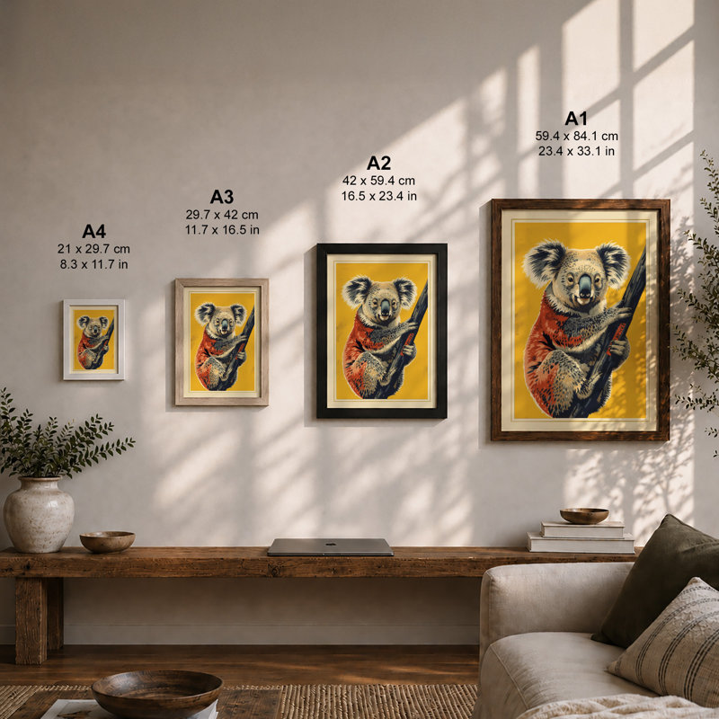 Koala on Branch Modern - Framed Print, A3 - 42.0 x 29.7 cm, White