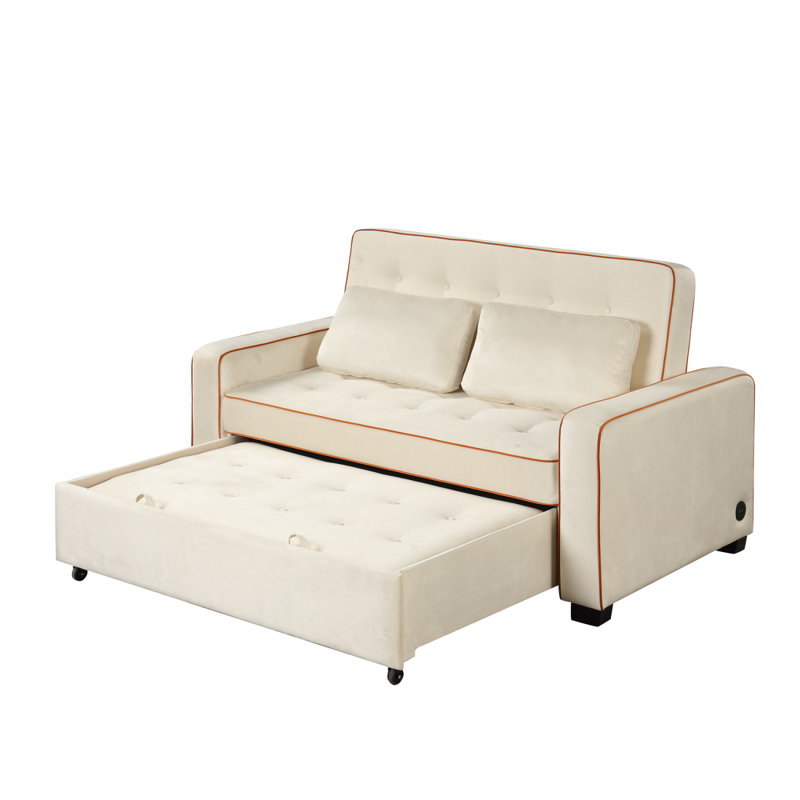 Upholstered Sleeper Bed, Pull Out Sofa Bed Couch Attached Two Throw Pillows, Comfy Sofa, Beige Velvet