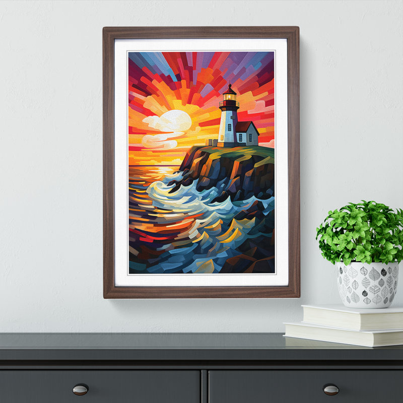 XYZ-FRM-V1223-4188 Lighthouse Cubism - Single Picture Frame Print on Wood, 46cm H x 34cm W x 2cm D, Walnut