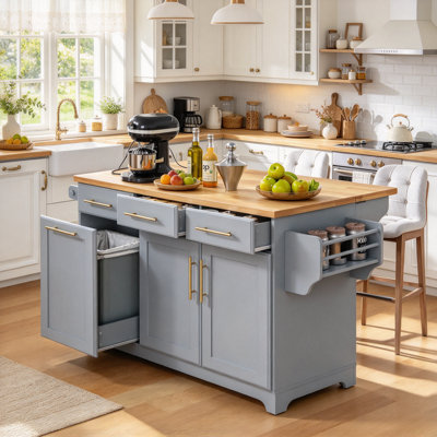 59.3-Inch Mobile Kitchen Island with Double Pull-out Storage Organizers and Rubber Wood Foldable Drop Leaf, Independent Trash Can Storage Space and Bu