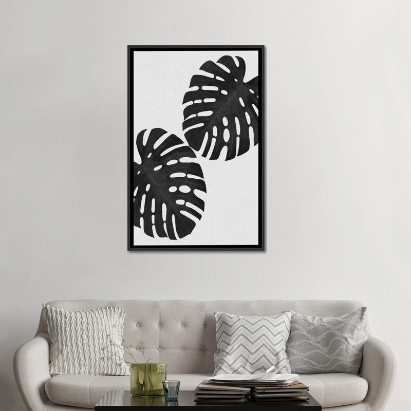 « monstera leaf i », impression sur toile en noir, H 26 po x l 18 po x P 1,5 po, Toile avec cadre noir, Pas de tapis